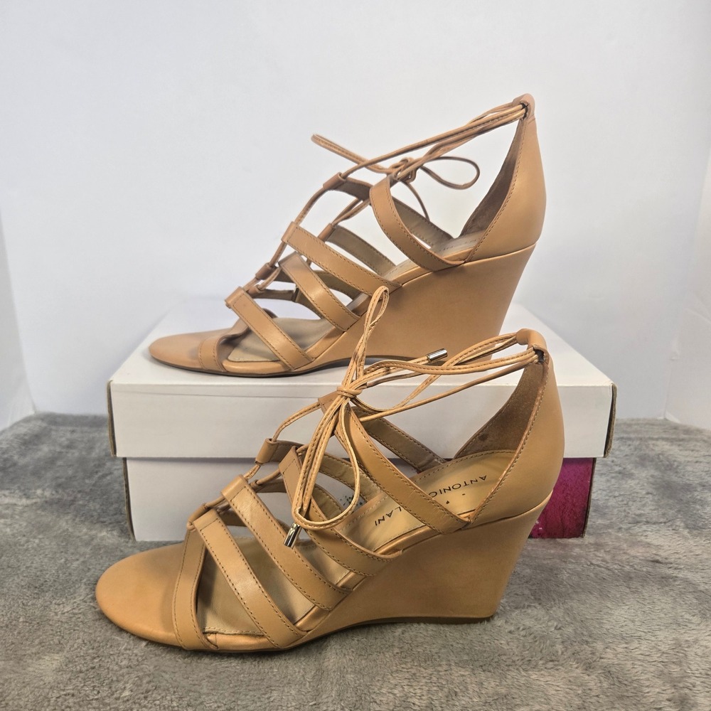 Antonio Melani Tan Leather Strappy Lace Up Wedge Sandals Heels 9.5M